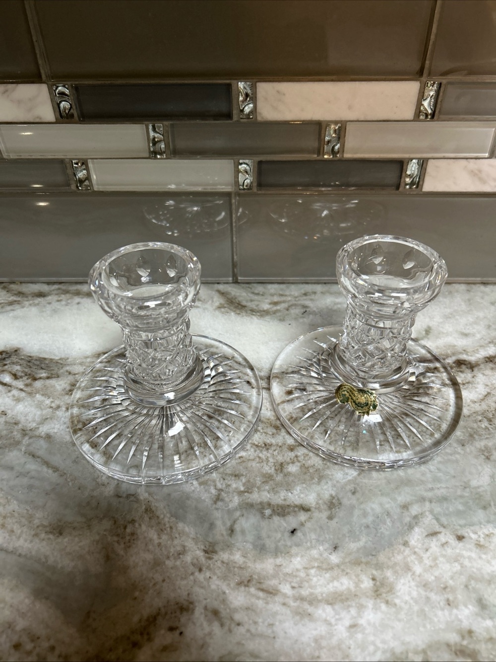 Waterford Crystal Candlestick Pair 4 Inch Cut Glass Candle Holders Clear Heavy.